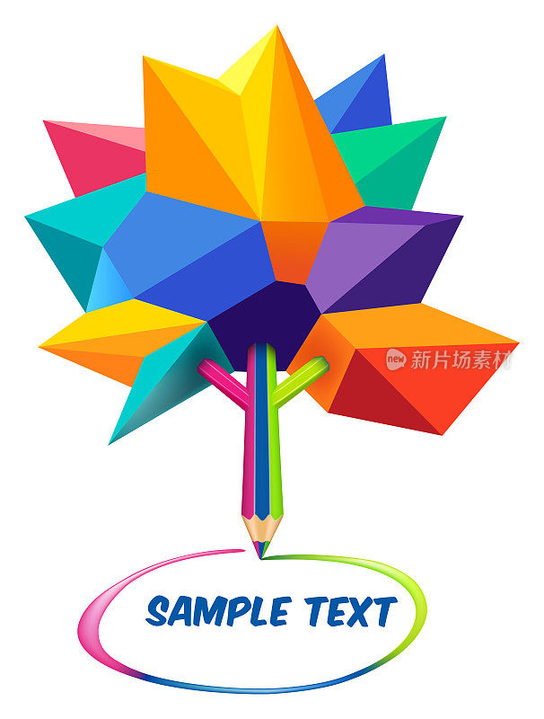 Low poly concept multicolor tree design, the trunk of the tree is formed by a colored pencil